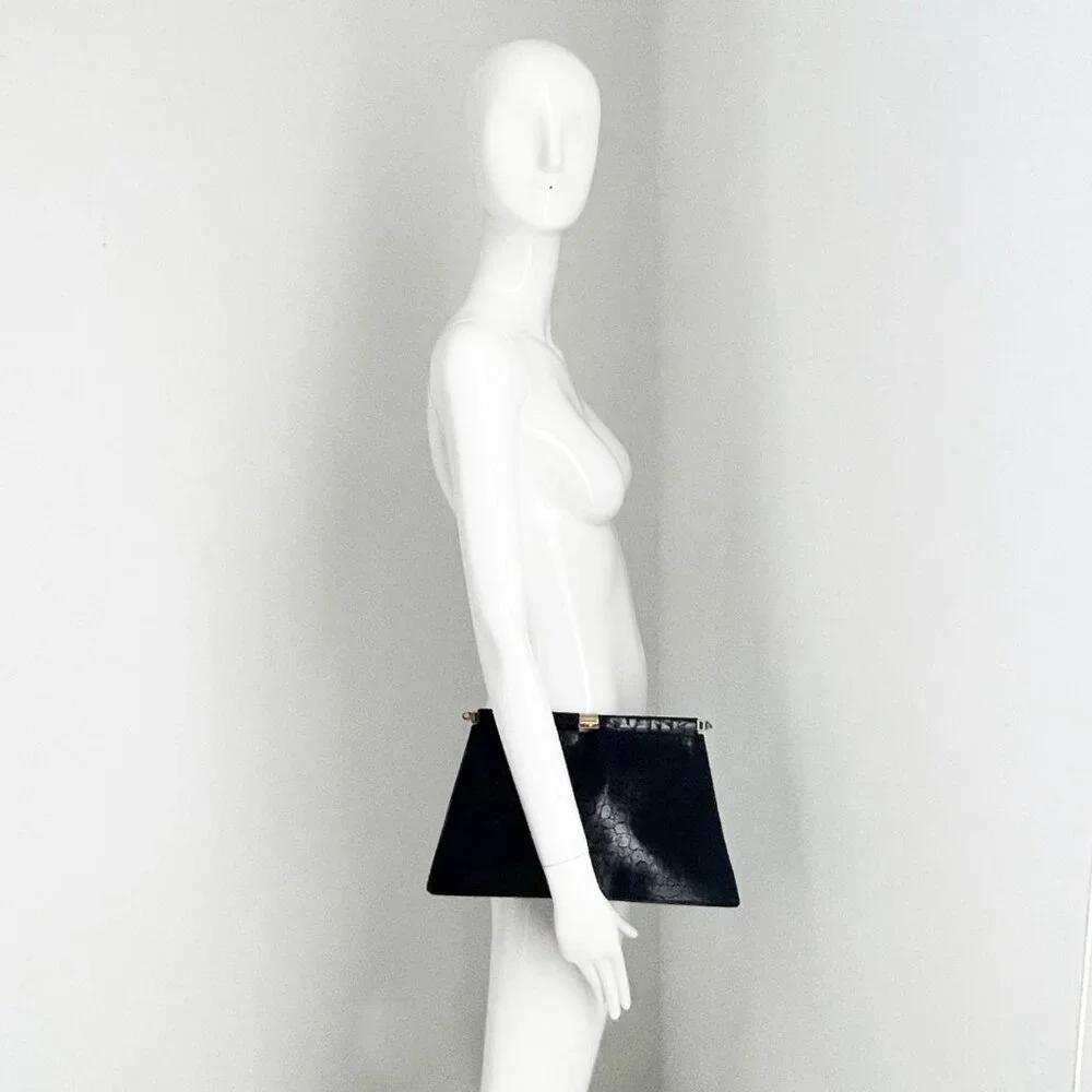 Furla Clutch Bag Black Croc Embossed  Leather Hinged Vintage 70s